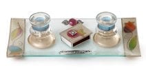 Lily Art Hand Painted Glass Candlesticks Matches and Tray Pomegranate Theme