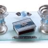 Glass Candlesticks Set with Matches Blue & Silver Flowers