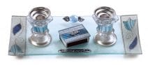Glass Candlesticks Set with Matches Blue & Silver Flowers