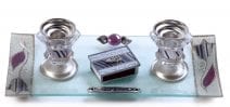 Candlesticks Set with Matches Lilac & Silver Flowers