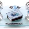 Lily Art Hand Painted Glass Candlesticks Matches and Tray BluePomegranates
