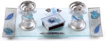 Lily Art Hand Painted Glass Candlesticks Matches and Tray BluePomegranates