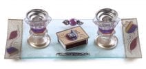 Glass Candlesticks Set with Matches Colorful Pomegranates 