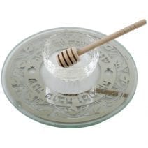 Glass Rosh Hashanah Plate with Honey Dish Pomegranates