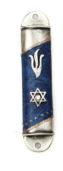 Pewter Arc Mezuzah Case - Blue Motif 