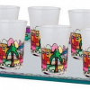 Judaica Shabbat 6 Mini Glass Cups Wine +Tray Jerusalem in Lilac