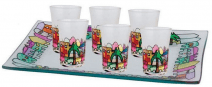Judaica Shabbat 6 Mini Glass Cups Wine +Tray Jerusalem in Lilac