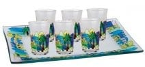 Judaica Shabbat 6 Mini Glass Cups Wine and Tray Jerusalem in Blue