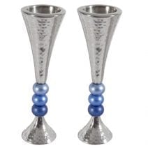 Yair Emanuel Judaica Shabbat Candlestick Set Emanuel Hammer Pattern Blue Orbs