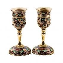 24 K Gold-Plated Brown Candlesticks with Jeweled Flowers