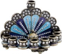 Miniature Jeweled Hanukkah Menorah Filigree in Light and Dark Blue