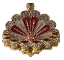Jeweled Hanukkah Menorah Filigree in Red and Ivory Gold Plated