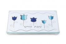 Hand Made Painted Laser Cut Challah Board Blue Stripes & Tulips