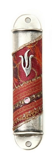 Pewter Arc Mezuzah Case - Red Motif