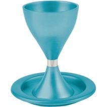 Yair Emanuel Anodized Aluminum Kiddush Cup with Plate in Silver Turquoise