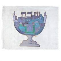 Yair Emanuel Silk Challah Cover - Blue Menorah Jerusalem - Hand Painted