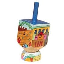 Yair Emanuel Wooden Hanukkah Dreidel with Stand - Bright Jerusalem 