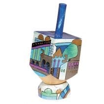 Yair Emanuel Sevivon Wooden Dreidel with Stand - Jerusalem in Blue , Hanukkah Gift