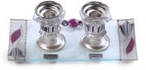 Glass Mini Candlesticks Set Lilac & Silver Flowers