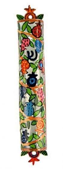 Jewish Yair Emanuel Hand Painted Colorful Glass Mezuzah Laser Cut Pomegranates