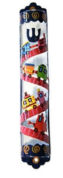 Jewish Yair Emanuel Hand Painted Colorful Glass Mezuzah Laser Cut Trains