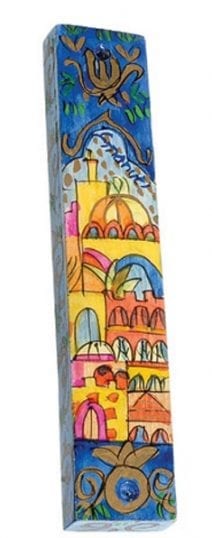 Wooden Mezuzah Jerusalem Panorama Blue Sky
