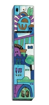 Wooden Mezuzah Jerusalem in Blue