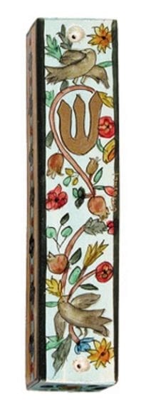 Wooden Mezuzah Doves and Pomegranates