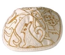 Hand Embroidered Kippah Animals in Gold