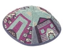 Hand Embroidered Kippah with Jerusalem Blue
