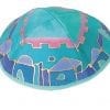 Yair Emanuel Silk Painted Kippah Jerusalem Turquoise & Pink