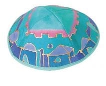 Yair Emanuel Silk Painted Kippah Jerusalem Turquoise & Pink