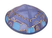 Yair Emanuel Silk Painted Kippah Jerusalem Blue