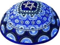 Blue Kippah Embroidered with Stars of David and Rainbows