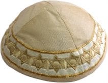 Beige Kippah Embroidered Gold Stars of David 
