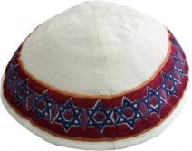 White Kippah Embroidered Blue & Maroon Star of David