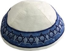 White Kippah Embroidered with Blue Stars of David