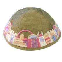 Green Kippah Embroidered with Jerusalem in Colors