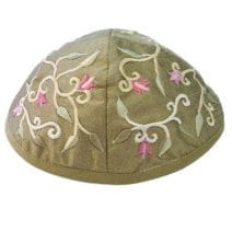 Green Kippah Embroidered with Flowers