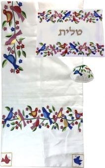  Embroidered Birds & Flowers Tallit Set in White Bat Mitzvah Gift