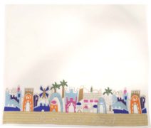 White Challah Cover Colorful Jerusalem &; Hebrew Text
