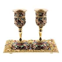 24 K Gold-Plated Brown Candlesticks with Jeweled Flowers & Tray