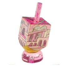 Yair Emanuel Wooden Hanukkah Dreidel with Stand  -Pink Jerusalem