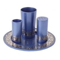 Havdalah Set Blue Anodized Aluminum Jerusalem Scene