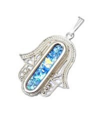 Silver Yemenite Hamsa Pendant with Roman Glass
