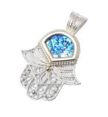 925 Sterling Silver Yemenite Filigree Roman Glass Hamsa Pendant