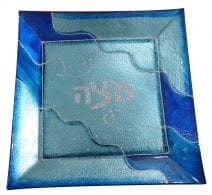 Glass Matzah Tray - Blue Turquoise & Silver for Passover
