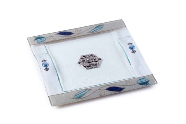 Judaica-Passover-Pesach-Matzah-Plate-with-Blue-Silver-Striped-Tulips-162900144481