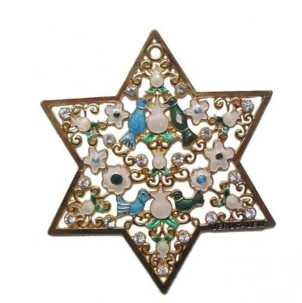 Judaica-Large-Star-of-David-Wall-Hanging-Blue-Green-Birds-Golden-Jerusalem-162448413702