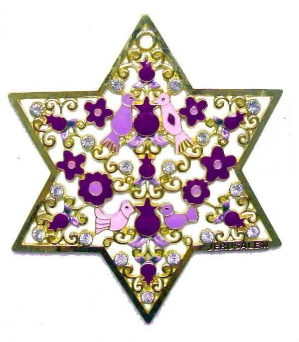 Judaica-Small-Star-of-David-Wall-Hanging-Purple-wBirds-Jerusalem-Gift-152756284782
